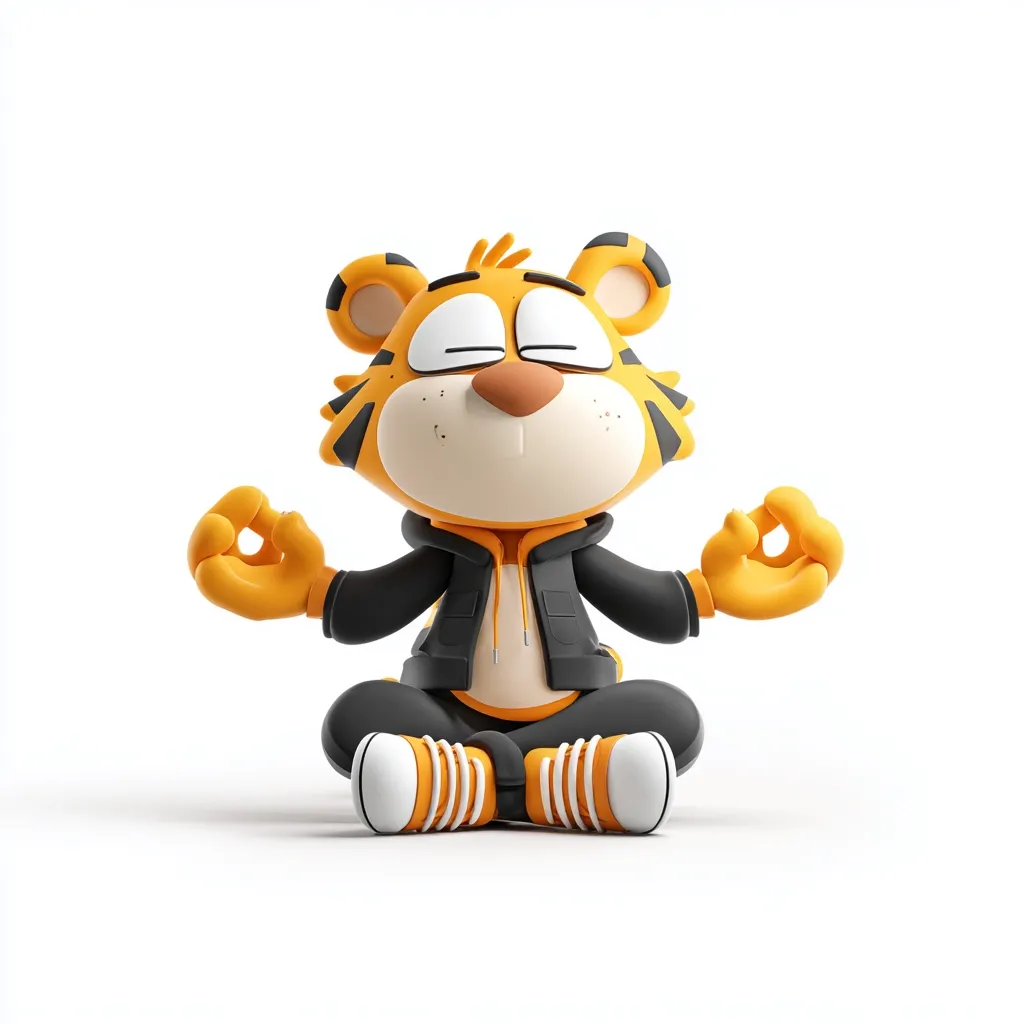 A cute, cartoon tiger sits cross-legged in a meditative pose.  Its eyes are closed, hands resting gently on its knees.  The tiger wears a dark jacket and orange and white sneakers, adding a playful contrast to its serene expression. The 3D-rendered image showcases a calming and whimsical style.