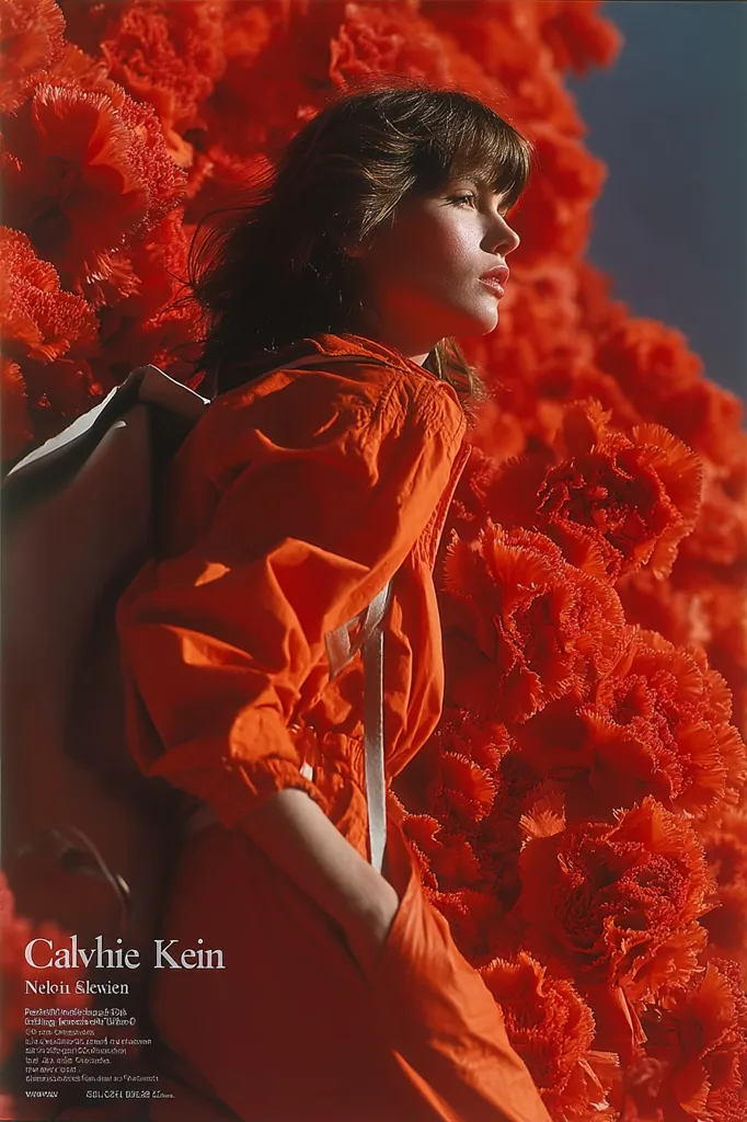 A fashion photograph featuring a young woman with shoulder-length brown hair, wearing a vibrant orange jumpsuit and a white backpack. She is posed against a backdrop of a large, densely packed arrangement of bright red flowers, creating a striking contrast of color and texture. The image is sharply focused, showcasing the details of both the clothing and the flowers. The overall mood is one of bold color and dramatic contrast. The Calvin Klein logo is subtly placed at the bottom.