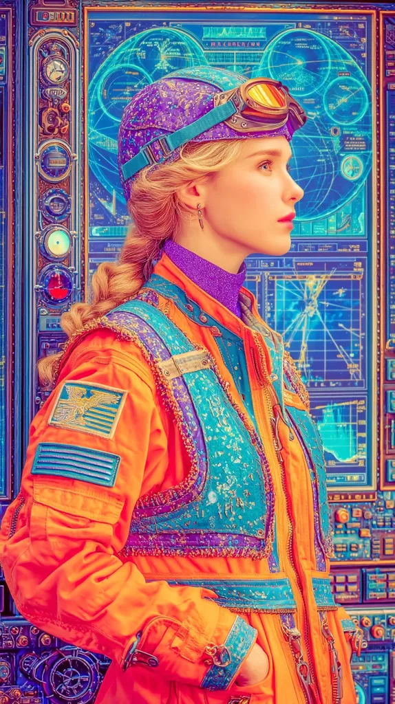 A stylized portrait of a young woman in a vibrant orange astronaut suit, adorned with turquoise and purple accents. She wears goggles and a matching cap, her blonde hair styled in a braid.  The background features a complex, glowing control panel with intricate circuitry and celestial charts, creating a futuristic and whimsical aesthetic.  The overall style is retro-futuristic, blending vintage elements with modern technology.
