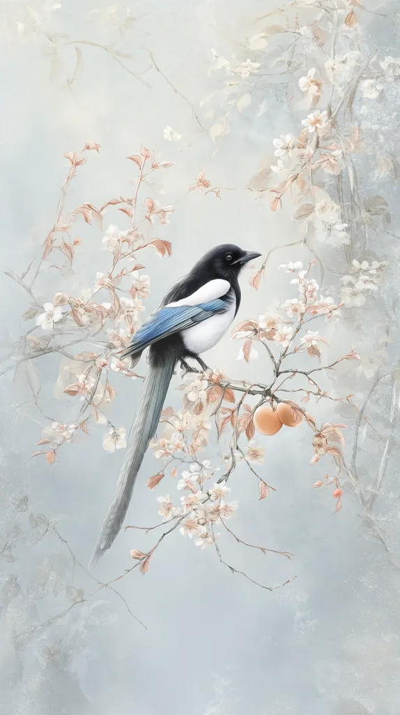 A Eurasian magpie perches on a delicate branch adorned with soft pink blossoms and ripening fruit.  The bird's black and white plumage contrasts beautifully against the muted pastel background.  The overall aesthetic is serene and elegant, suggesting a tranquil spring scene.  The artwork is rendered in a painterly style with soft brushstrokes and subtle color gradients.