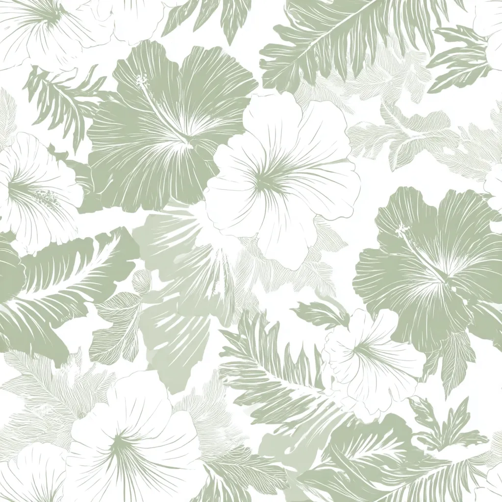 A seamless pattern featuring delicate hibiscus flowers and tropical leaves in shades of sage green and white. The design is intricate, with the flowers and leaves overlapping to create a lush, botanical feel.  The overall style is reminiscent of vintage botanical illustrations, offering a soft and elegant aesthetic.  The pattern would be suitable for various applications, such as textiles or wallpaper.