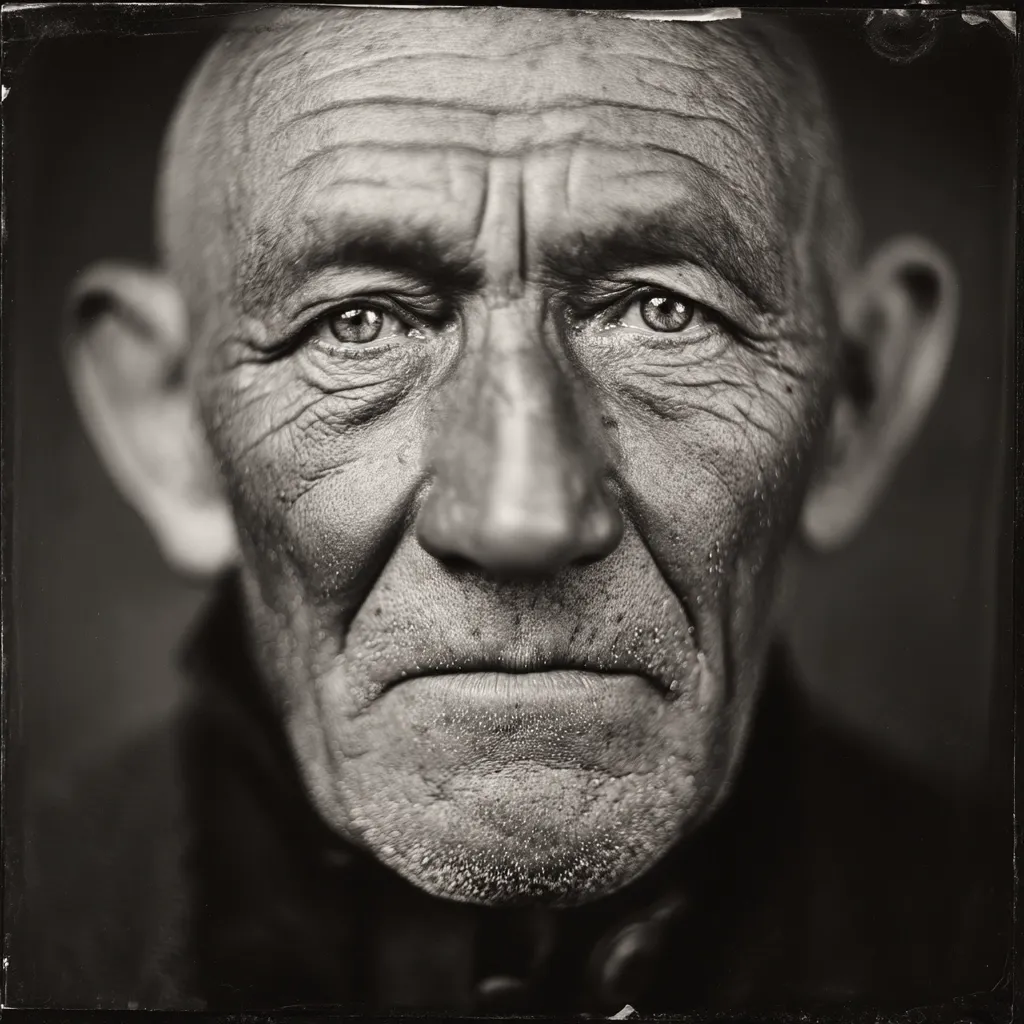 A black and white close-up portrait of an elderly man.  His face is deeply lined and weathered, showcasing the passage of time.  His eyes, though showing age, hold a quiet intensity. The photograph is sharply focused on his features, creating a powerful and intimate image. The dark background emphasizes the texture of his skin and the expression on his face.  A slight vignette around the edges adds to the photo's dramatic effect.