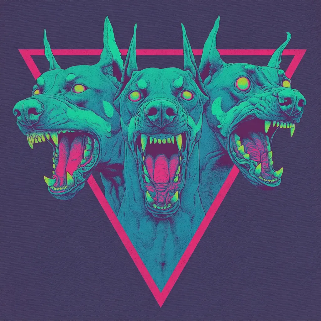 A vibrant, stylized artwork depicts three Doberman Pinscher heads arranged in a triangle formation.  Their mouths are open in a ferocious snarl, revealing sharp teeth.  The dogs are rendered in teal and pink hues against a dark background, creating a striking, almost psychedelic effect.  The image's overall aesthetic is bold and aggressive.