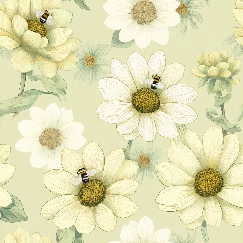 A seamless pattern showcases delicate, pale yellow flowers, possibly zinnias, intricately detailed with fine lines.  Bees rest gently on the flower centers. The soft, pastel green background enhances the floral motif, creating a calming and elegant design. The style suggests a vintage botanical illustration, reminiscent of antique nature prints.