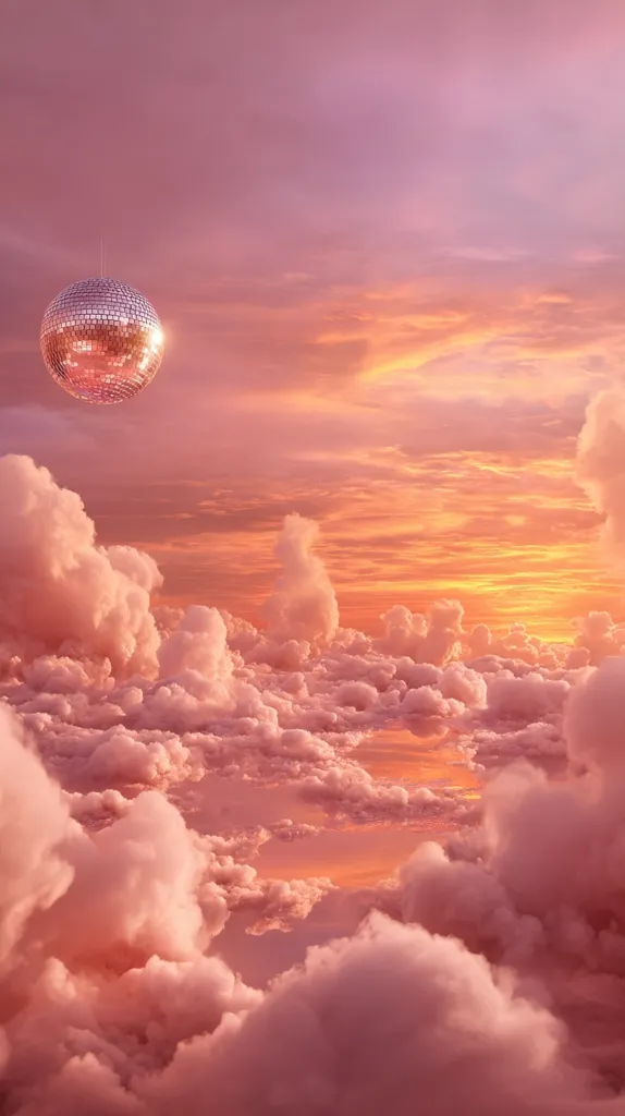 A mirrored disco ball hangs in a pastel pink sky, surrounded by fluffy, cotton-candy clouds.  The sunset casts a warm, orange glow on the scene, creating a dreamy and surreal atmosphere.  The image evokes feelings of peace, tranquility, and whimsical fantasy.  The contrast between the metallic ball and the soft clouds is striking and captivating.