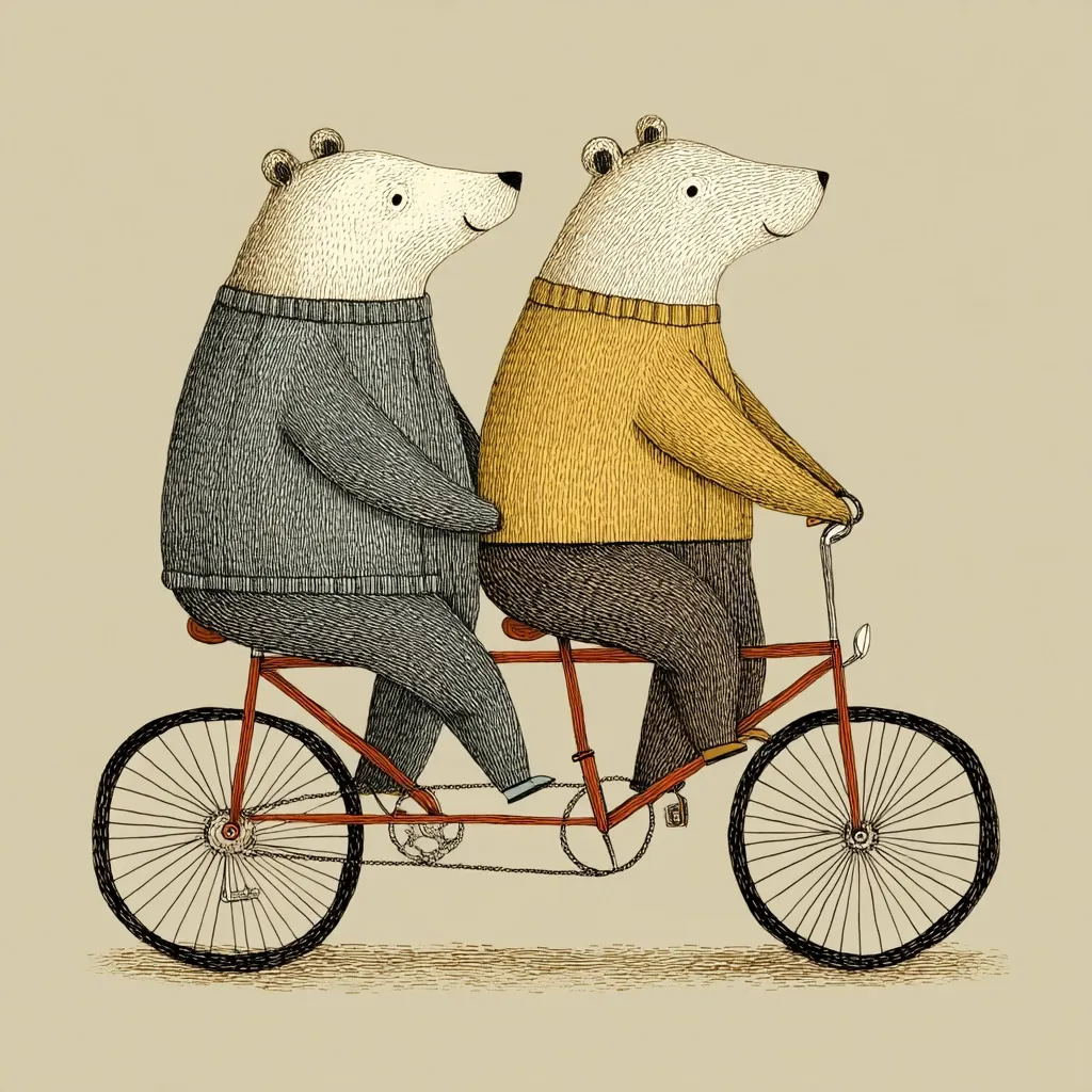 Two polar bears, wearing sweaters, ride a tandem bicycle.  The bear on the left wears a grey sweater, while the bear on the right wears a mustard yellow one.  Both bears are drawn in a detailed, textured style, suggesting knit fabric. The bicycle is a simple red design. The overall style is whimsical and charming.