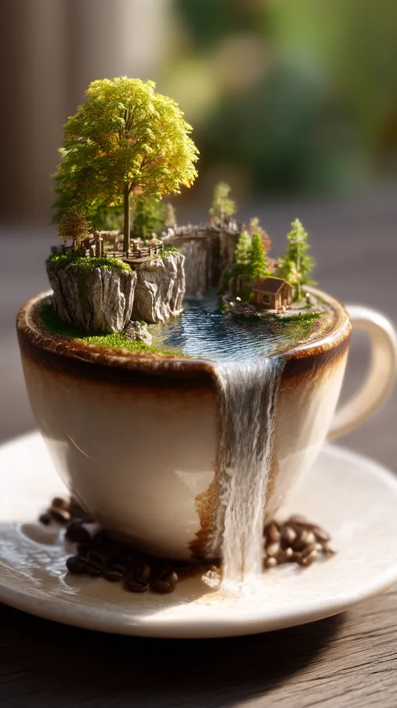 A miniature landscape, complete with a tree, a small house, a rocky cliff, and a waterfall, is nestled inside a coffee cup.  The waterfall flows over the rim of the cup onto the saucer, which is surrounded by coffee beans.  The scene is highly detailed and realistically rendered, creating a surreal and enchanting image. The cup sits on a dark wooden surface.