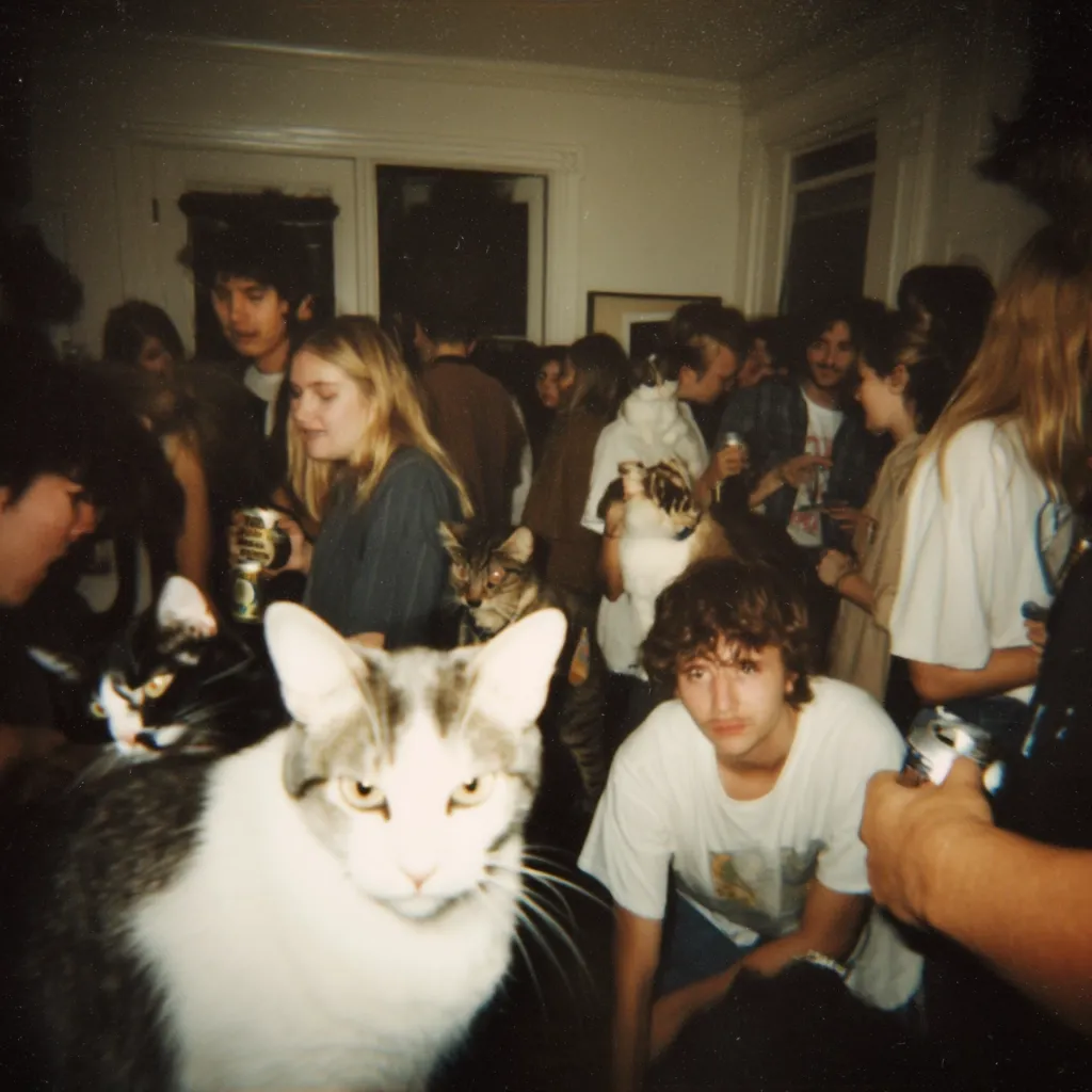 A dimly lit, crowded house party is captured in a grainy photograph.  Young adults, many with drinks in hand, are densely packed together, mingling and chatting.  Several cats are interspersed amongst the group, some being held, others sitting calmly amidst the revelry. The overall atmosphere is relaxed and informal, indicative of a casual gathering of friends. The image has a nostalgic, vintage feel.