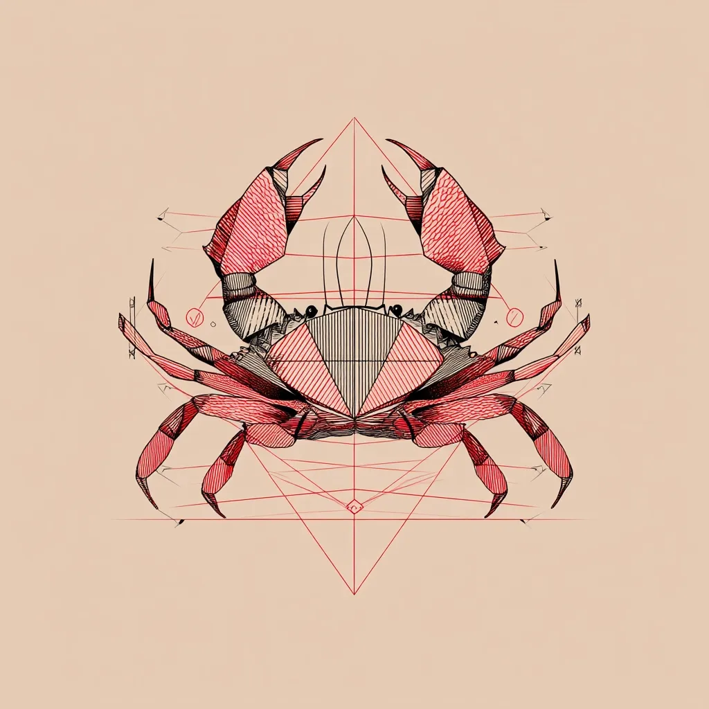 A geometric illustration of a crab is presented against a beige backdrop.  The crab's body is depicted in shades of red and black, meticulously detailed with hatching and cross-hatching techniques.  A red geometric framework overlays the crab, suggesting a blueprint or symbolic representation.  The overall style is precise and artistic, combining biological accuracy with abstract geometric design.