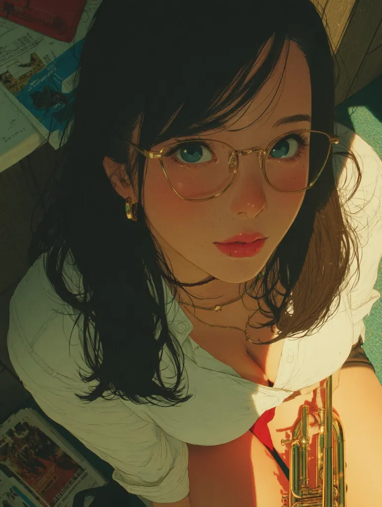 A young woman with long dark hair and gold-rimmed glasses looks down at a trumpet resting on her lap.  She's wearing a loose, light-colored shirt, partially open at the chest, and gold necklaces.  Sunlight illuminates her from above, casting shadows on her face and clothing. The setting appears casual, with magazines visible in the background.  Her expression is soft and somewhat pensive.
