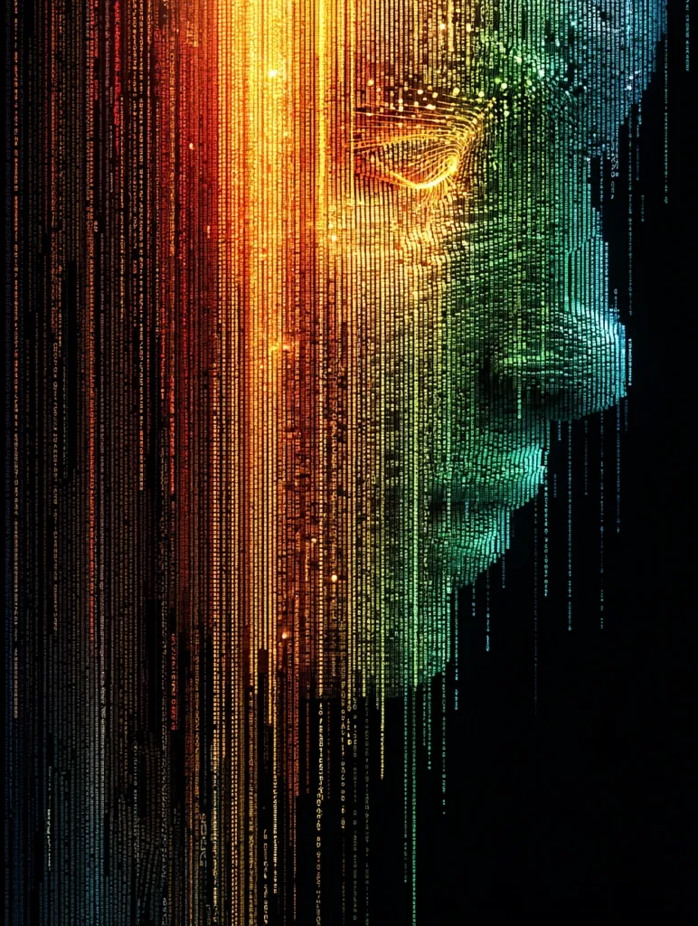 A stylized face emerges from a cascade of colorful, vertical lines of code. The image evokes a sense of digital identity and the creation of consciousness through programming.  The rainbow spectrum of hues gives a vibrant, almost ethereal, quality to the algorithmic portrait. The dark background accentuates the luminous flow of data forming the face.
