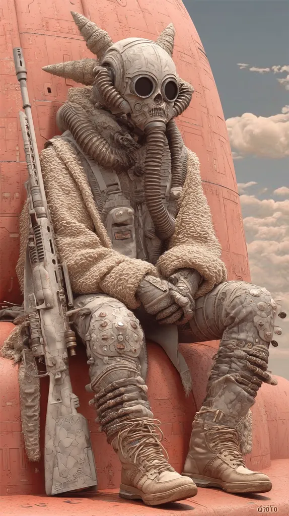 A weathered figure, clad in a tattered, tan coat and futuristic combat boots, sits atop a large, reddish-orange structure.  The figure wears a skull-like respirator and horned helmet, and carries a large, aged rifle. The setting appears desolate and post-apocalyptic, with a cloudy sky visible in the background. The overall aesthetic suggests a blend of sci-fi and dystopian elements.