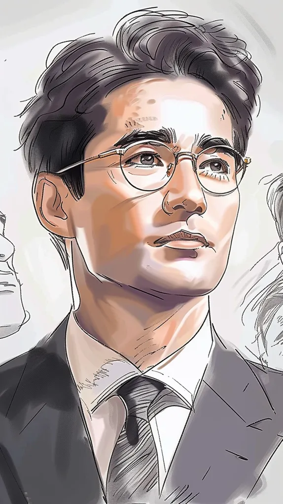 A stylized portrait of a man in a suit and glasses.  His dark hair is neatly styled, and he wears round, gold-rimmed spectacles.  The drawing style is loose and expressive, with visible brushstrokes and shading, giving a sense of movement and depth.  He appears thoughtful, with a contemplative expression on his face. The background hints at other figures, but the focus is firmly on the well-dressed man.