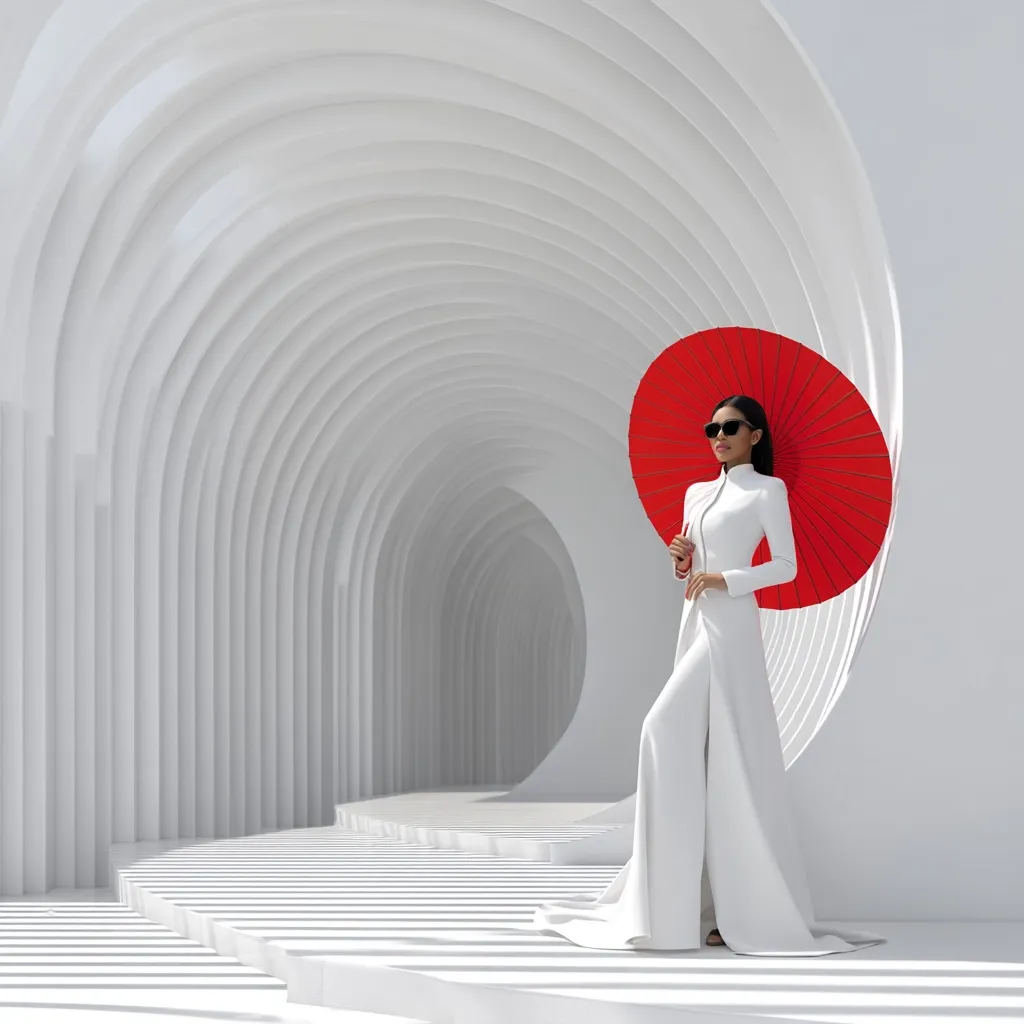 A woman in a flowing white long-sleeved dress and sunglasses stands elegantly in a minimalist white architectural space.  She holds a vibrant red parasol, a striking contrast to the monochromatic setting. The curved white walls create a tunnel-like effect, leading the eye to a vanishing point. The image is sleek, modern, and visually striking.
