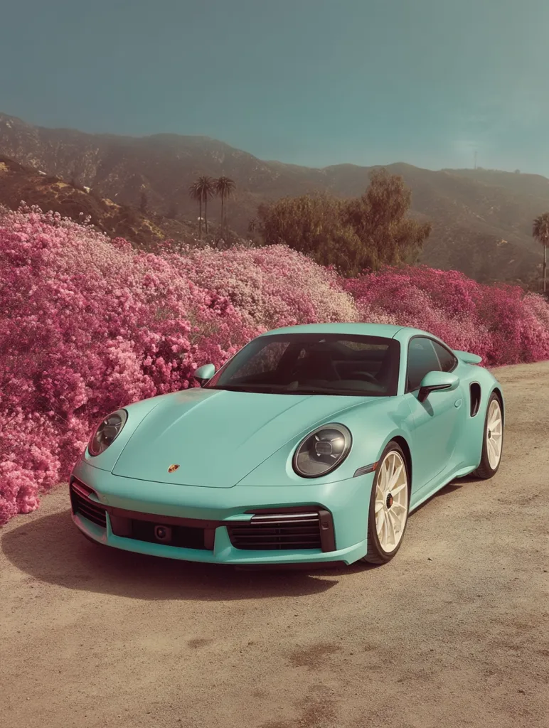 A pastel-green Porsche 911 (992 generation) is parked in front of a vibrant pink flowering bush.  The car is positioned on a light brown, sandy ground, with a backdrop of rolling hills under a clear, light-blue sky. The scene evokes a feeling of calm and serenity, with the soft color palette creating a peaceful and aesthetically pleasing image.