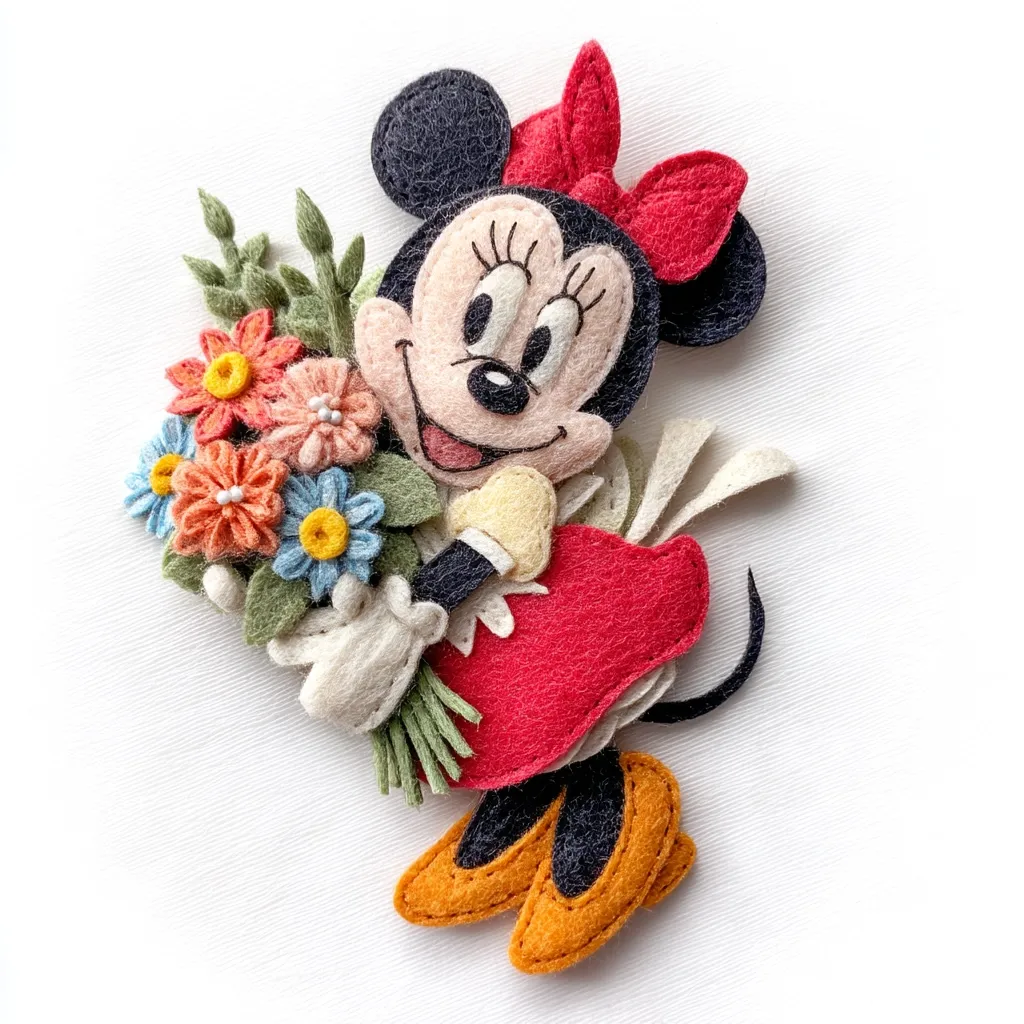 A charming felt appliqué of Minnie Mouse is depicted holding a vibrant bouquet of flowers.  Minnie is dressed in her signature red dress and yellow shoes, her joyful expression accentuated by the colorful blooms.  The meticulous detailing in the feltwork creates a delightful, handcrafted charm, perfect for embellishment or display.  The overall aesthetic is sweet and whimsical.