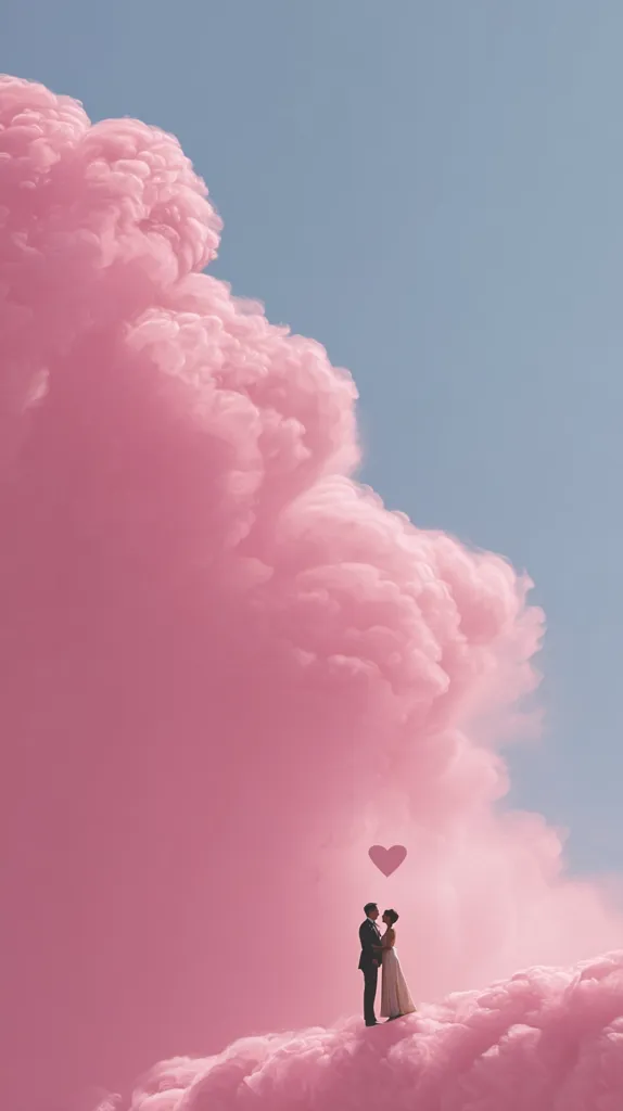 A bride and groom stand on a fluffy pink cloud, gazing at each other against a backdrop of a larger, vibrant pink cloud formation. A small, pale pink heart floats above them, symbolizing their love. The scene is surreal and romantic, evoking a dreamlike quality.  The overall color palette is soft and pastel, creating a whimsical and tender atmosphere.