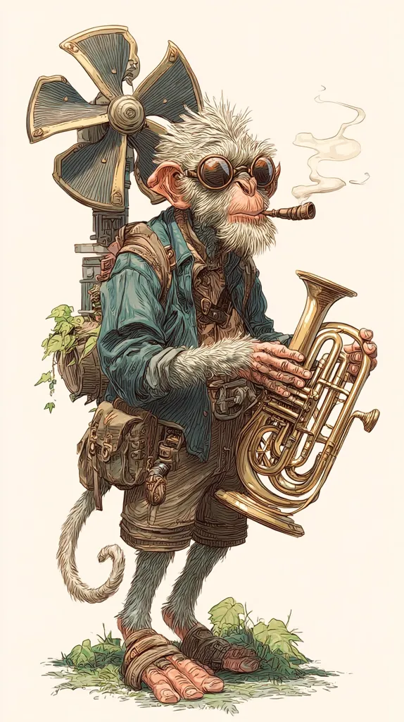 A whimsical illustration depicts a monkey-like creature with white fur, goggles, and a steampunk-inspired backpack featuring a propeller.  The creature holds a brass tuba and smokes a pipe, showcasing a blend of whimsical and mechanical elements.  The monkey wears tattered clothing and appears to be a traveling musician, adding to the adventurous nature of the artwork.  Detailed linework and muted colors complete the image.