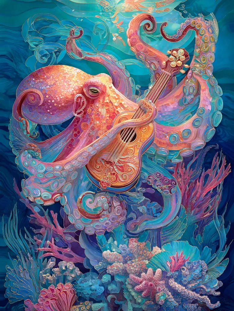 A vibrant, surreal underwater scene depicts a large octopus playing a lute.  The octopus is rendered in shades of pink, purple, and orange, its tentacles gracefully entwined with the instrument.  Surrounding it are intricately detailed coral and seaweed in a palette of blues, pinks, and purples. The overall style is reminiscent of stained glass or mosaic art, with a rich, jewel-toned color scheme.