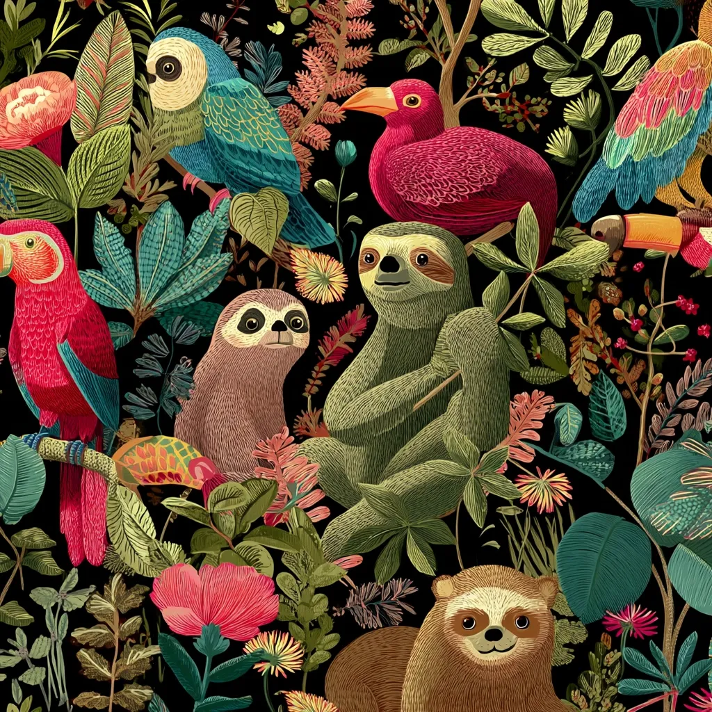 A vibrant illustration showcases a lush tropical scene teeming with wildlife.  Two sloths, a scarlet macaw, a blue parrot, a toucan, and a vibrant pink bird are nestled amongst a profusion of richly colored flowers and foliage.  The dark background enhances the vivid hues of the animals and plants, creating a striking and detailed jungle motif.  A speciman of a  spectacled bear is also visible.
