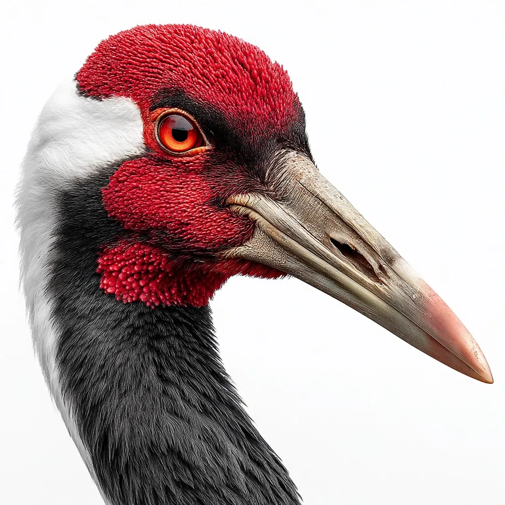A close-up profile of a red-crowned crane.  Its vibrant red crown and face contrast sharply with its dark gray-black body feathers.  The bird's intense orange eye and long, slightly curved beak are prominent features. The background is pure white, isolating the crane and emphasizing its details.