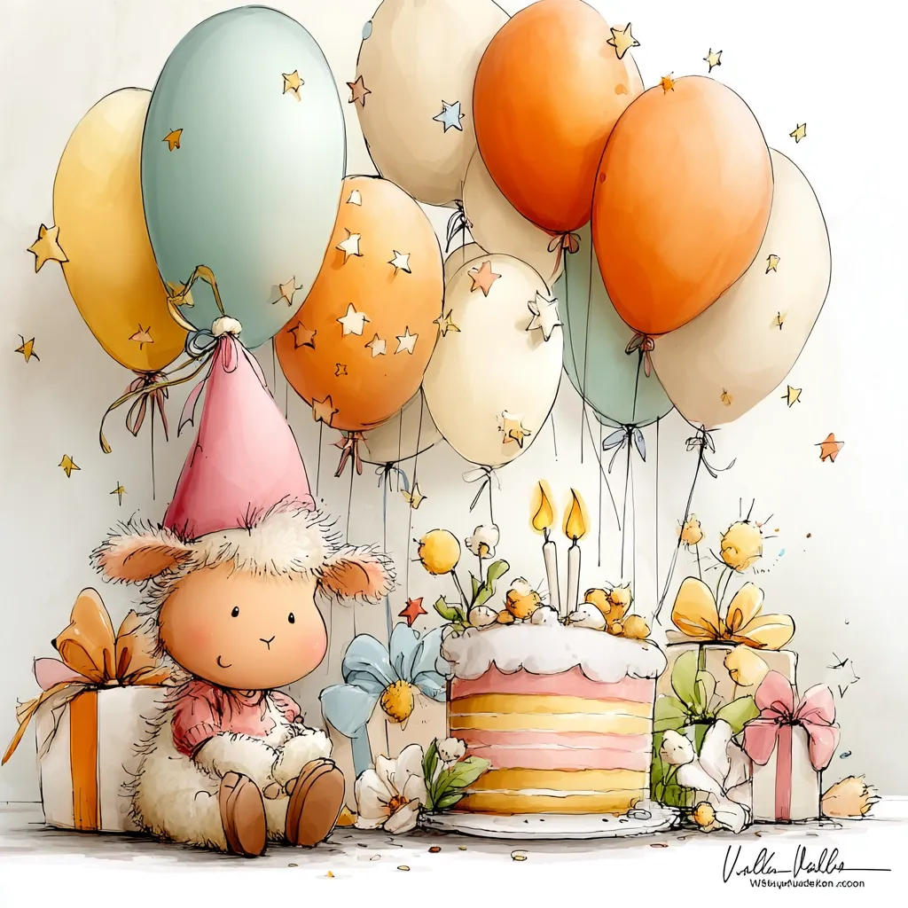 A charming illustration depicts a fluffy lamb wearing a party hat, seated amidst a festive birthday scene.  Surrounding the lamb are numerous pastel-colored balloons, a layered cake with two lit candles, and several wrapped gifts.  Delicate floral accents add to the whimsical, celebratory atmosphere. The style is soft and whimsical, evoking a feeling of warmth and joy.