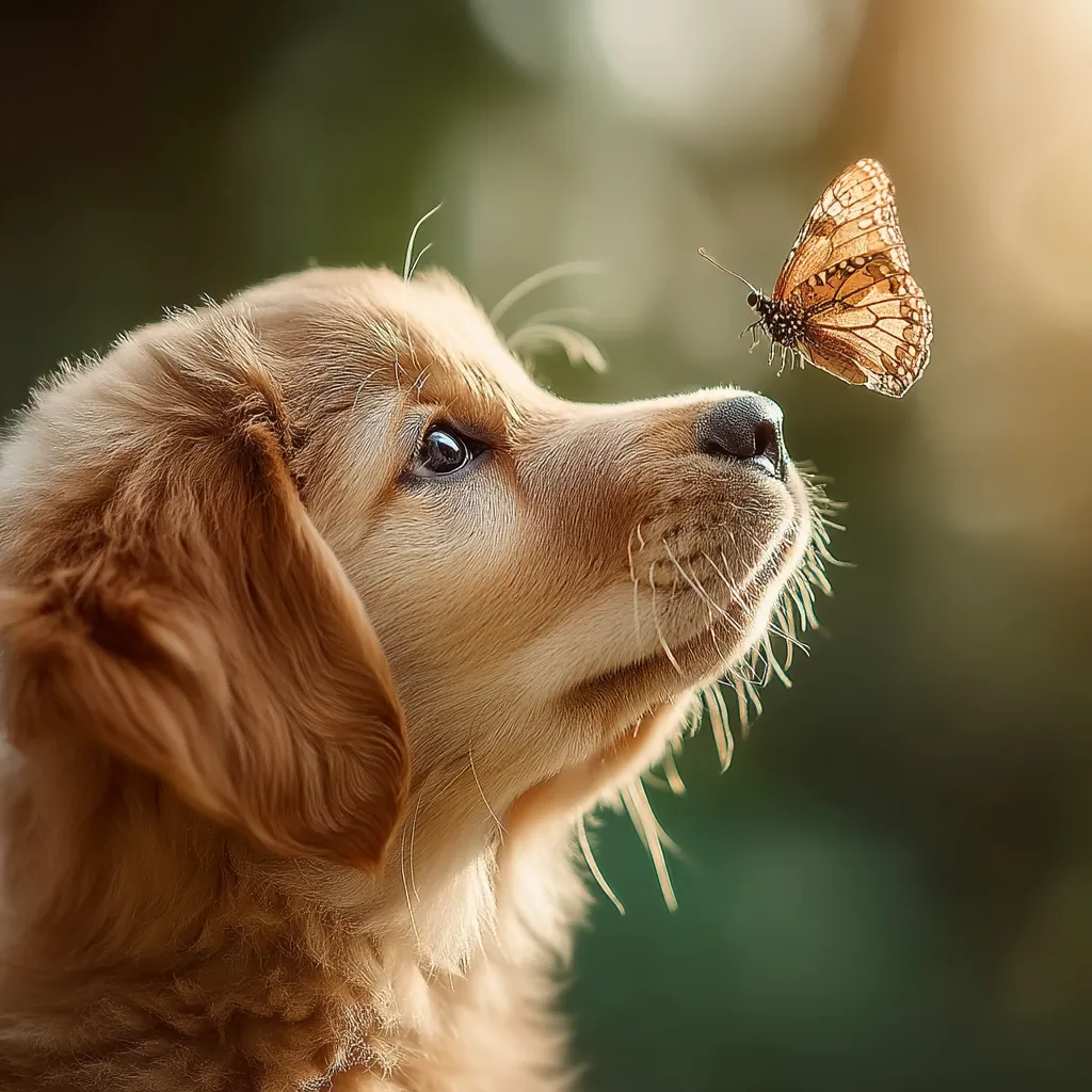 A golden retriever puppy looks up with curiosity and wonder at a butterfly perched in the air above.  The soft, golden fur of the dog contrasts beautifully with the delicate wings of the insect.  The background is blurred, drawing focus to the heartwarming interaction between the young animal and the butterfly.  Sunlight gently illuminates the scene, enhancing its peaceful and idyllic atmosphere.