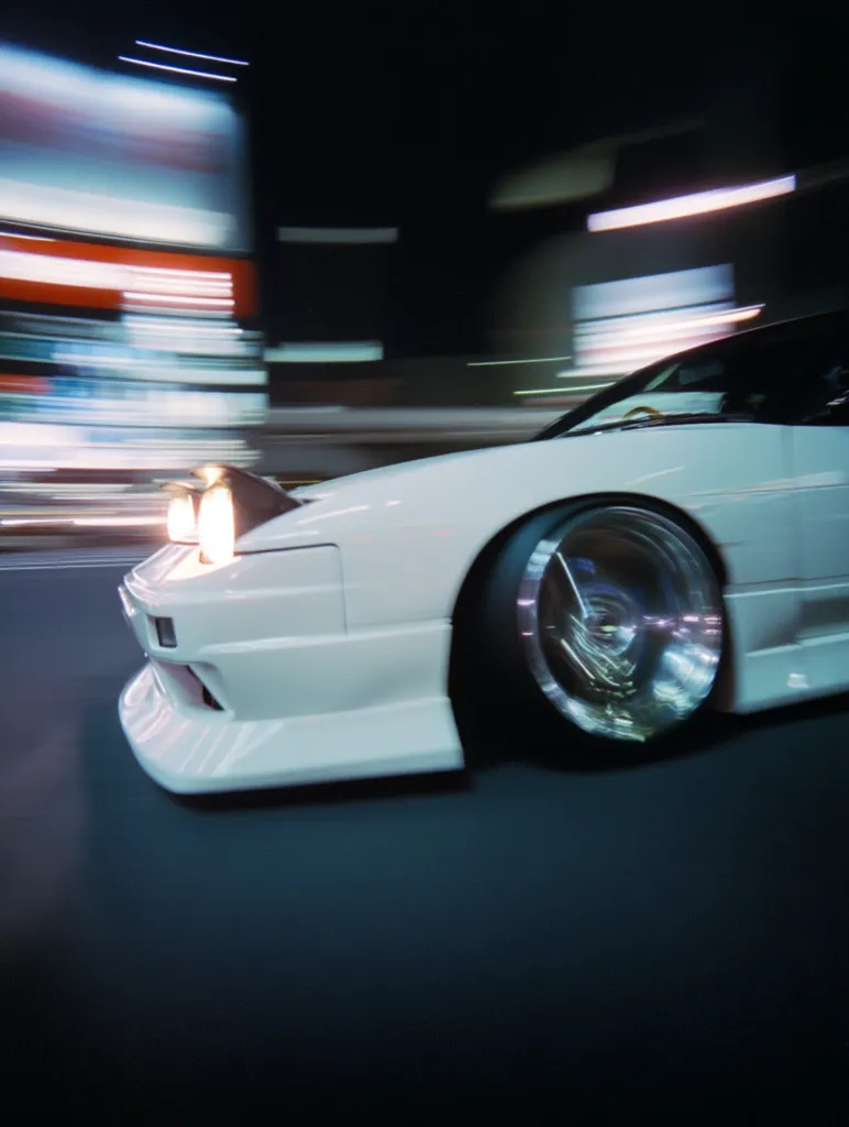 A white sports car, possibly a Nissan 240SX, speeds through a city at night.  The image is blurred, suggesting motion, with bright city lights streaking in the background.  The car's headlights are illuminated, and its modified wheels are visible. The overall aesthetic evokes a sense of speed and urban dynamism.