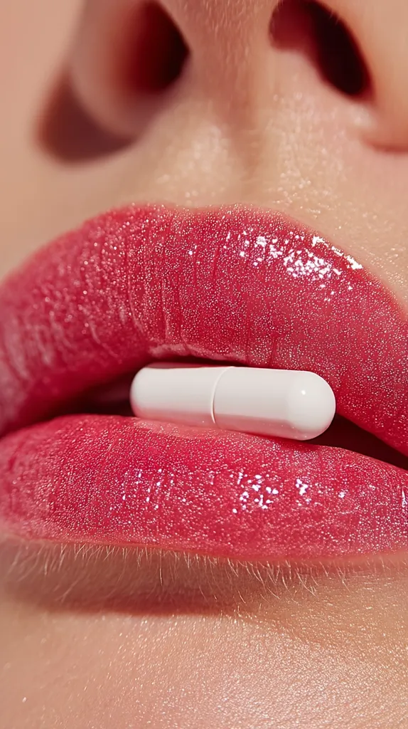 Close-up view of a woman's lips wearing glossy, pink lipstick.  A single, white capsule is delicately held between her lips. The focus is sharp on the lips and the pill, highlighting the texture of the lipstick and the smooth surface of the capsule. The image has a clean and slightly surreal quality.