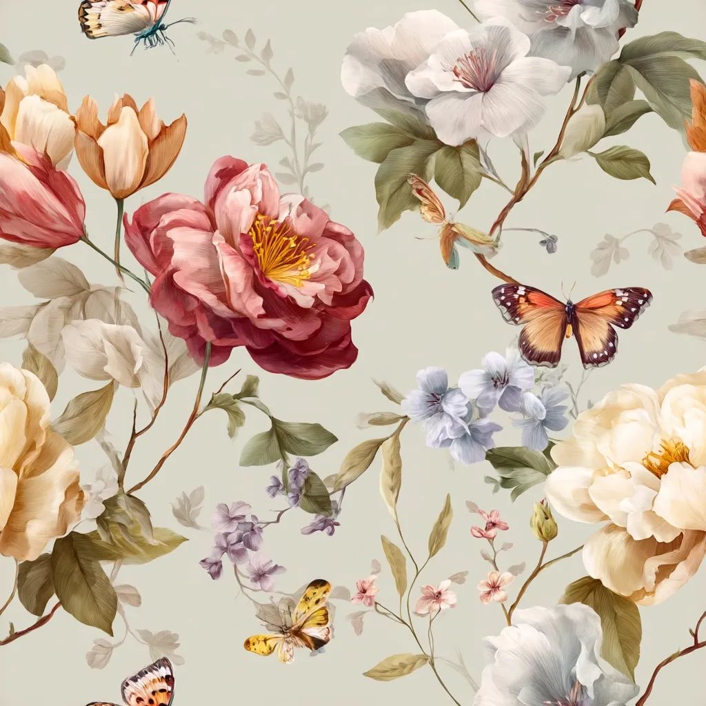 A seamless floral pattern features large, richly colored roses in shades of red, pink, and cream, interspersed with smaller blooms and delicate foliage.  Butterflies in vibrant orange and brown, along with smaller, more muted butterflies, flutter amongst the flowers against a soft sage green background. The overall style evokes a vintage, romantic aesthetic.