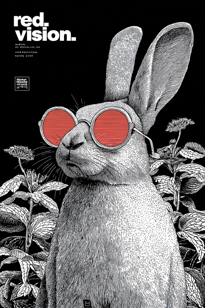 A black and white illustration of a rabbit wearing large, red-lensed sunglasses.  The rabbit is depicted in detailed pen-and-ink style, appearing calm and slightly aloof. It is surrounded by detailed botanical illustrations of plants. The title "red. vision." is prominently displayed above the rabbit, suggesting a theme of perception or altered reality.  The overall style is graphic and sophisticated.