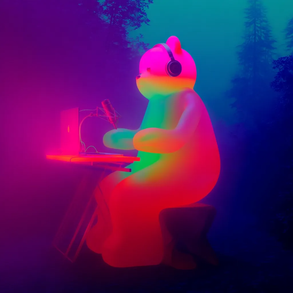 A vibrant, neon-colored gummy bear sits at a small desk in a dimly lit forest.  It wears headphones and uses a laptop and microphone, seemingly engaged in podcasting or online streaming. The surreal scene is bathed in a psychedelic glow of pink, green, and orange hues. The overall atmosphere is dreamlike and otherworldly.