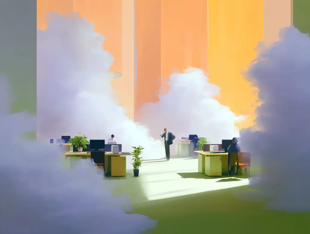 A surreal office scene is depicted, filled with large, fluffy clouds seemingly emanating from the walls.  Three figures are partially obscured by the fog, working at minimalist desks.  One person stands, seemingly observing. The overall atmosphere is calm and dreamlike, with a soft, muted color palette of oranges and greens. The scene suggests a sense of quiet contemplation or perhaps even unease within a modern, abstract workspace.