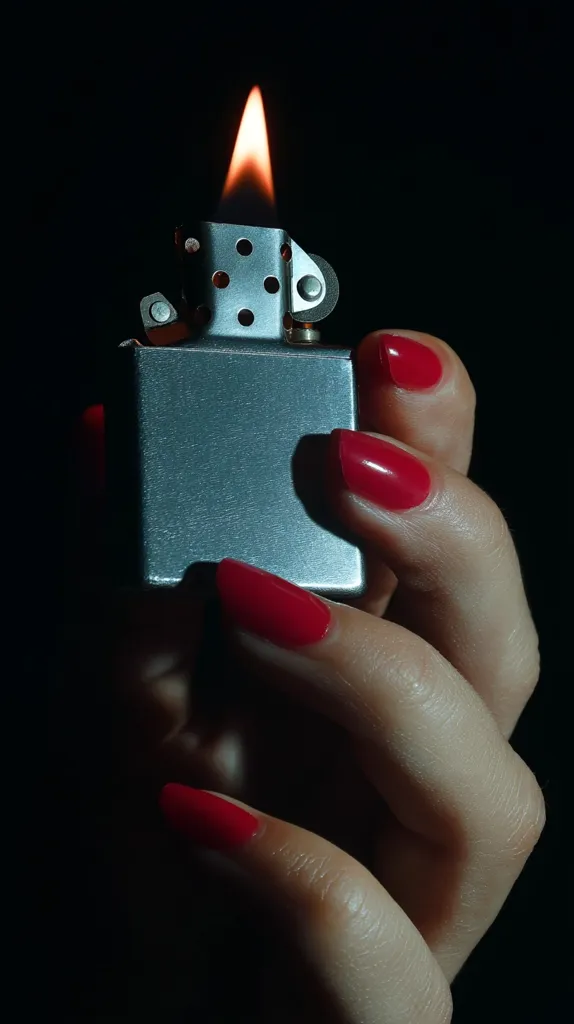 A hand with red nail polish holds a silver lighter.  The lighter's flame is visible, casting a warm glow against the dark background. The image is sharply focused on the lighter and hand, creating a dramatic contrast between light and shadow. The overall mood is one of mystery and intrigue.
