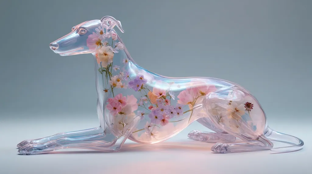 A translucent sculpture of a greyhound is filled with delicate pressed flowers.  The pastel pink, purple, and white blooms are artfully arranged within the clear resin form, creating a beautiful and ethereal effect. The dog is depicted in a relaxed, lying down pose, showcasing the floral details throughout its body.  The overall aesthetic is serene and subtly whimsical.