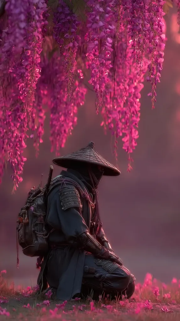 A lone samurai, clad in dark armor and a wide-brimmed hat, kneels beneath a weeping wisteria tree.  The vibrant pink blossoms cascade around him, creating a serene yet dramatic scene at sunset. He carries a backpack and a sword, his face obscured by a mask, suggesting a moment of quiet contemplation or meditation in a mystical Japanese setting.  The overall atmosphere is one of peace and mystery.