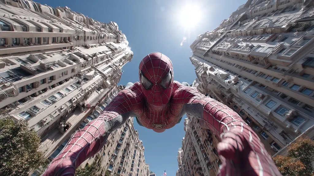 A low-angle, close-up shot depicts Spider-Man in a dynamic pose, seemingly falling or swinging between two towering, identical apartment buildings. The bright sun shines overhead, casting a dramatic light on the scene.  The image is filled with the sense of motion and height, showcasing Spider-Man's acrobatic abilities within the urban setting.
