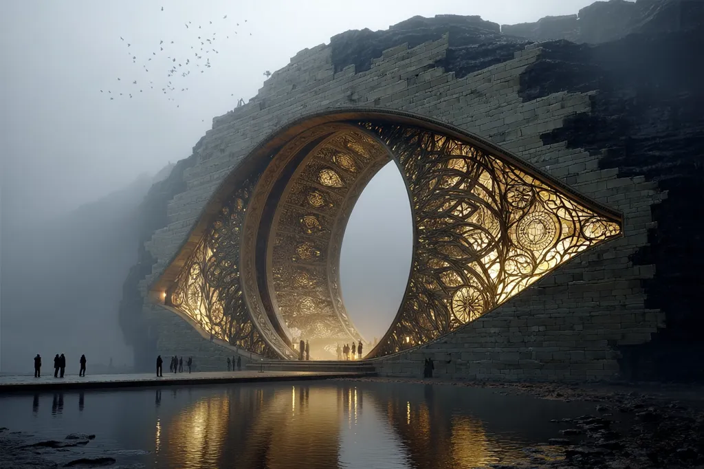 A breathtaking architectural marvel, possibly futuristic or fantasy-inspired, stands majestically by a tranquil body of water.  Its immense, intricately detailed golden archway, reminiscent of Gothic architecture, is set within a rugged stone edifice.  A small group of figures stands before the structure, dwarfed by its scale, under a misty sky.  Birds fly overhead, adding to the serene yet mysterious atmosphere. The scene evokes a sense of wonder and awe.