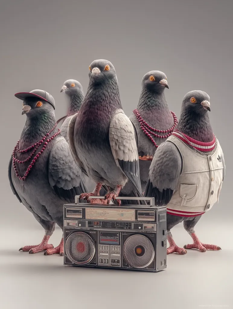 Five pigeons, dressed in hip-hop attire – hats, necklaces, and a varsity jacket – stand before a vintage boombox.  The central pigeon is prominent, while the others flank it. The scene is digitally rendered, with a realistic style emphasizing the birds' human-like accessories and their cool, composed poses.  The muted background highlights the vibrant clothing and the retro boombox.