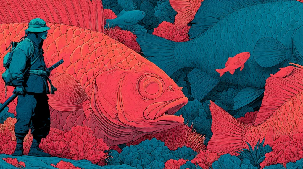 A stylized illustration depicts a lone samurai, katana at his side, standing amidst colossal, vibrant fish.  The fish, rendered in contrasting shades of coral and teal, are intricately detailed, swimming in a lush, stylized coral reef. The overall aesthetic is a blend of Japanese art and fantasy, with bold lines and saturated colors creating a striking visual. The scene is both serene and slightly ominous, hinting at a hidden narrative.