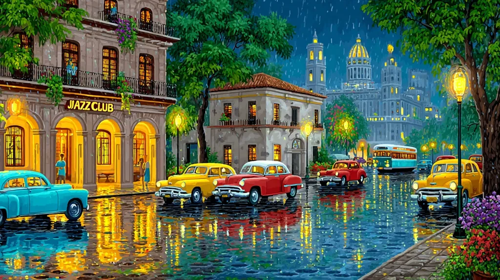 A vibrant painting depicts a rain-soaked street scene in a city reminiscent of Havana. Classic cars in shades of yellow, red, and turquoise are parked along the curb, reflecting in the wet pavement. A "Jazz Club" is prominently featured, its warm lights contrasting with the cool night.  Streetlights illuminate the scene, adding to the romantic atmosphere. In the background, a grand building stands, adding architectural grandeur to the composition.  The overall ambiance is nostalgic and charming.