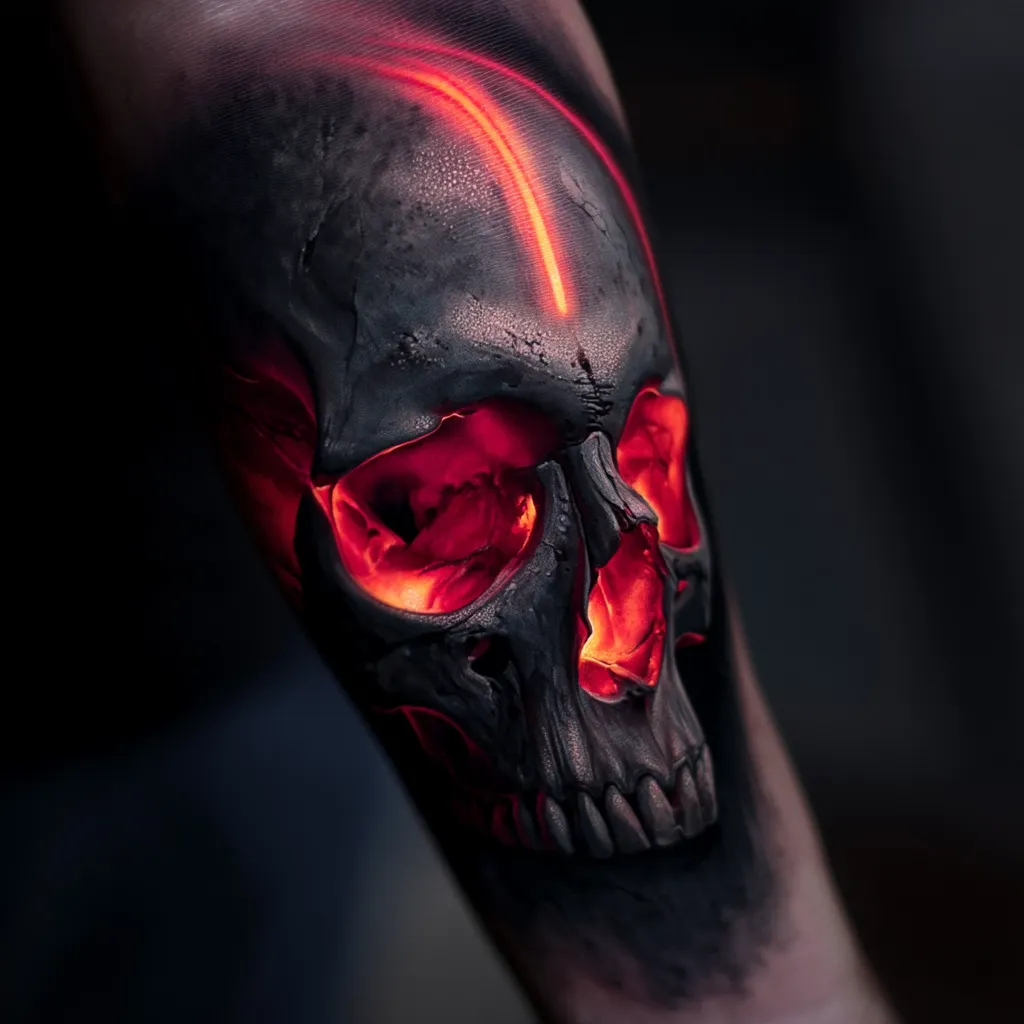 A striking tattoo of a skull adorns a person's forearm.  The skull is rendered in dark gray and black, with vibrant red glowing from within the eye sockets and jawline, creating a fiery effect.  A single, bright red line runs vertically down the center of the skull's forehead. The tattoo's realism and detail are impressive, giving the illusion of depth and inner light.
