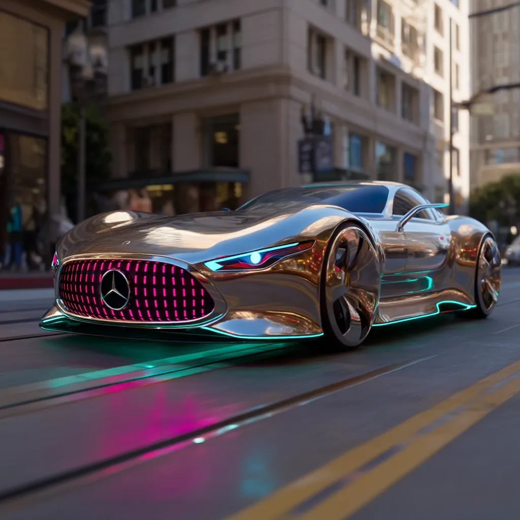 A futuristic Mercedes-AMG Project One concept car, rendered in chrome with vibrant pink and teal accents, glides down a city street.  The sleek, low-profile design and large wheels showcase its high-performance nature. The city backdrop is blurred, focusing attention on the car's stunning details and reflective surface.  The image suggests a blend of luxury and technological advancement.