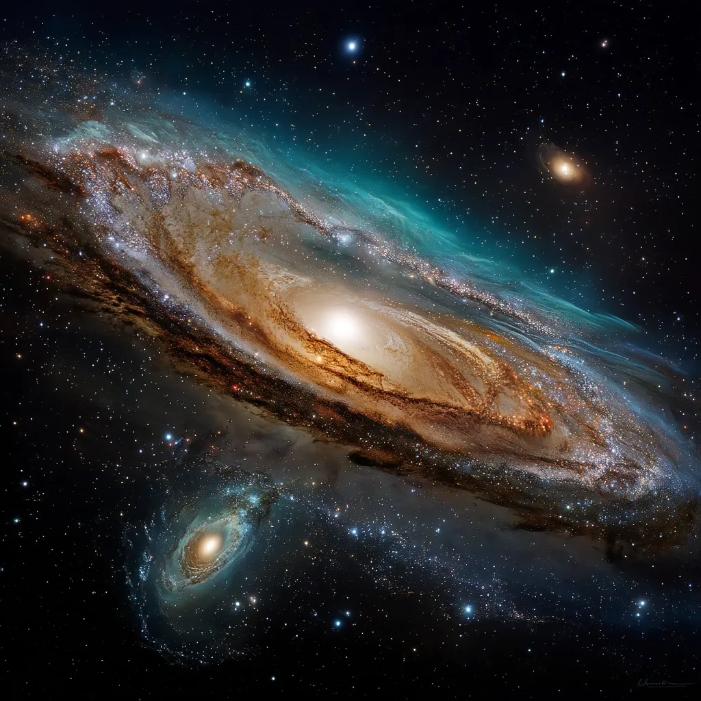 A breathtaking view of a spiral galaxy dominates the image, its swirling arms of gold, brown, and teal hues illuminated by a bright central core.  Smaller galaxies and countless stars pepper the dark background, creating a vast and awe-inspiring cosmic landscape. The image showcases the immense scale and beauty of the universe, highlighting the intricate details within the galaxy's structure.
