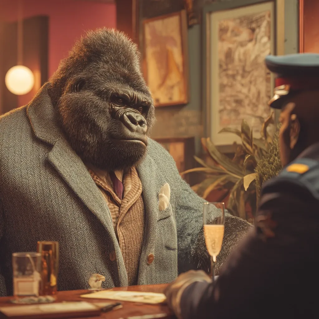 A sophisticated gorilla, impeccably dressed in a tweed jacket and vest, sits across a table from a uniformed man.  A glass of champagne sits between them.  The setting is a dimly lit, vintage-style bar or club, with framed artwork on the walls.  The gorilla maintains a serious expression, creating a scene of intrigue and unexpected formality.