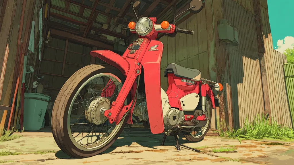 A vibrant illustration showcases a vintage red Honda Super Cub moped parked under a rustic wooden shed. The sunlit scene hints at a warm, summery day.  The moped, detailed with visible wear, rests on a dirt ground beside patches of grass.  The shed's interior, partially visible, reveals tools and clutter, adding to the nostalgic ambiance.  The overall style is reminiscent of anime or manga artwork.