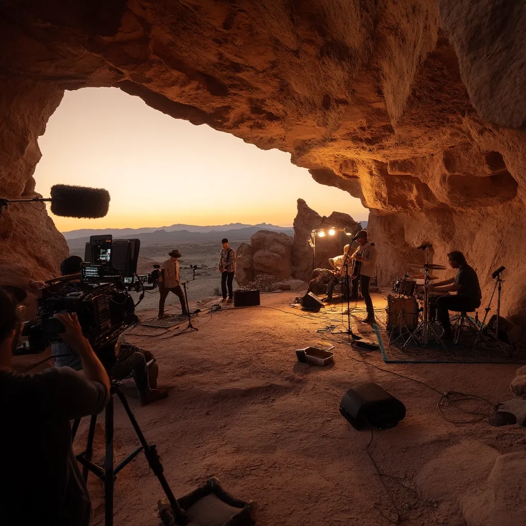 A band performs a live set within a natural rock cave at sunset.  Film crew members are visible, capturing the performance with professional cameras and sound equipment. The scene is dramatic, with the warm sunset light contrasting against the rugged desert landscape and the band's silhouette. The overall atmosphere is one of a unique and intimate concert experience.
