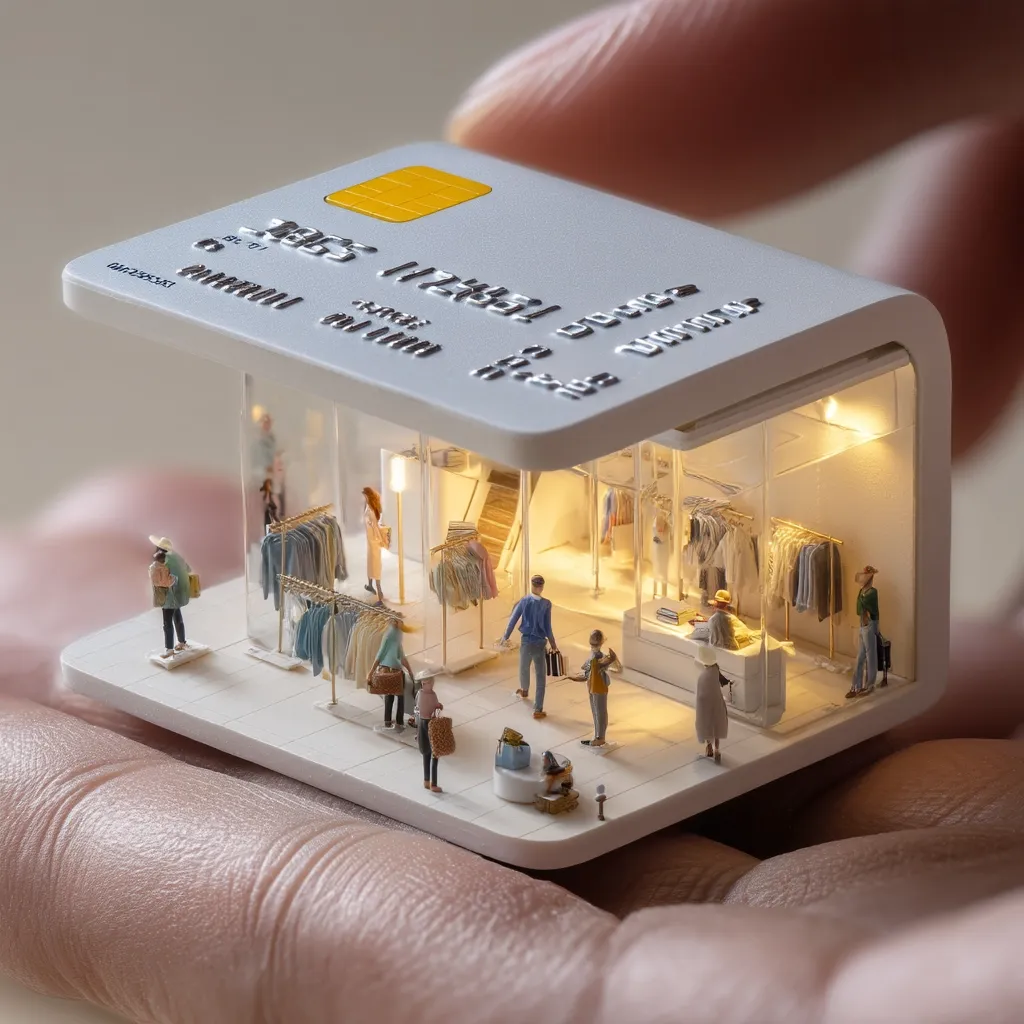 A miniature clothing store is meticulously crafted within the form of a credit card.  Tiny figurines of shoppers browse clothing racks inside the illuminated structure, held delicately in a person's hand.  The image cleverly represents the convenience and accessibility of online and credit card shopping, showcasing a blend of artistry and consumerism.
