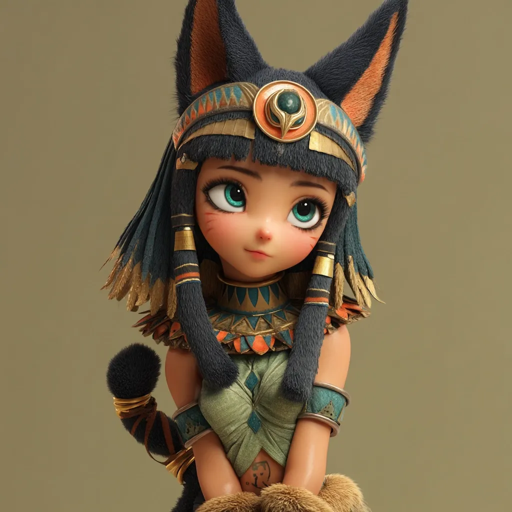 A 3D-rendered image depicts a cute, stylized female character.  She possesses dark, furry cat ears and a matching tail, adorned with an ornate Egyptian-inspired headdress and jewelry.  Her large, expressive eyes and soft features contribute to an endearing overall aesthetic. The character's outfit is reminiscent of ancient Egyptian clothing, incorporating muted greens, oranges, and gold accents.  The image's background is a simple, muted green.