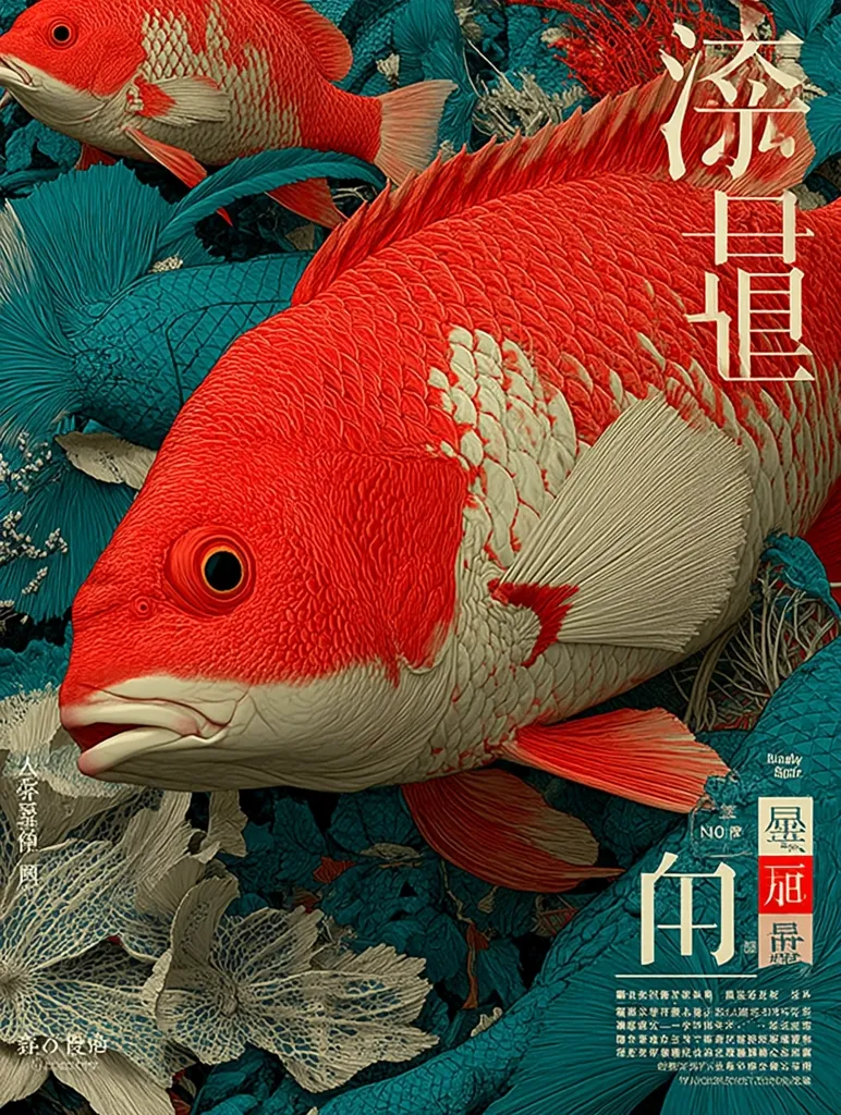 A vibrant artwork features two meticulously detailed red fish, their scales gleaming with a mix of red and white.  Surrounded by stylized teal and off-white floral elements, the fish appear almost three-dimensional.  The piece evokes a sense of underwater tranquility, with the rich colors and textures creating a visually captivating scene.  Chinese characters are prominently displayed, adding to the artistic and cultural depth.